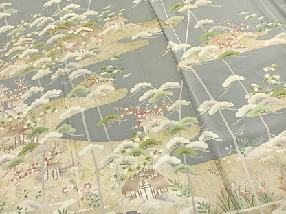 平和屋着物●訪問着　駒刺繍　松竹梅　風景文　金彩　ロング丈　正絹　逸品　AABK1197fy
