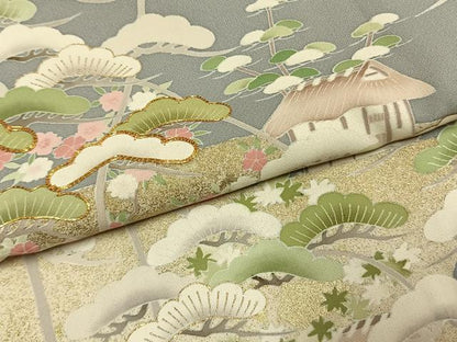 平和屋着物●訪問着　駒刺繍　松竹梅　風景文　金彩　ロング丈　正絹　逸品　AABK1197fy