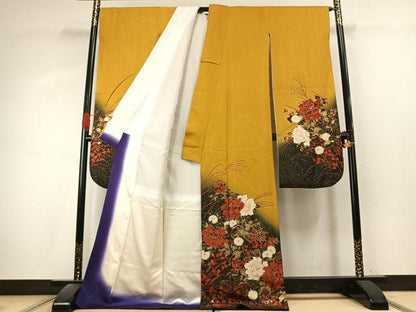 平和屋着物●豪華振袖　草花文　暈し染め　金彩　金通し地　正絹　逸品　AABK1200fy