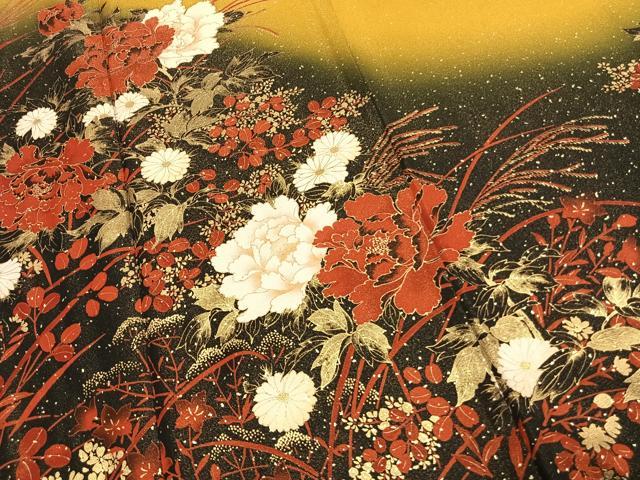 平和屋着物●豪華振袖　草花文　暈し染め　金彩　金通し地　正絹　逸品　AABK1200fy