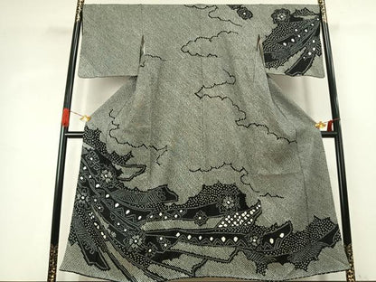 平和屋着物●訪問着　総絞り　熨斗花文　黒地　正絹　逸品　AABK1209fy