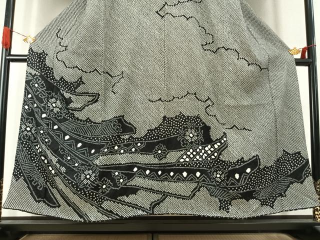 平和屋着物●訪問着　総絞り　熨斗花文　黒地　正絹　逸品　AABK1209fy