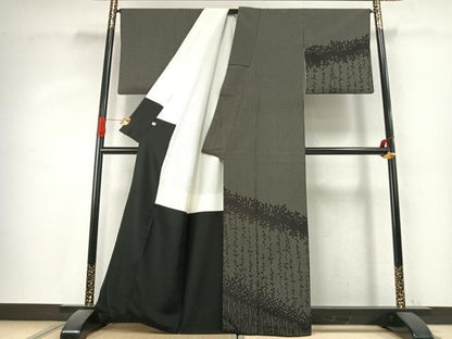 平和屋着物●訪問着　本塩沢　草葉シルエット　正絹　逸品　AABK1213fy