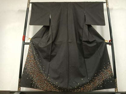 平和屋着物●本場縞大島紬　訪問着　総刺繍　萩文　黒地　金糸　正絹　逸品　AABK1216fy