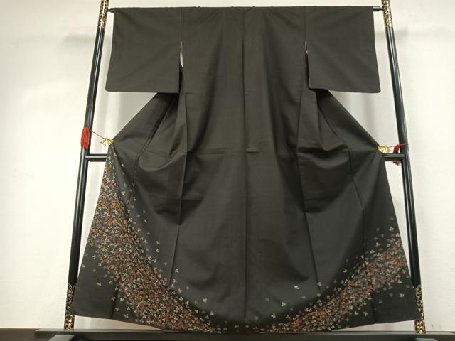 平和屋着物●本場縞大島紬　訪問着　総刺繍　萩文　黒地　金糸　正絹　逸品　AABK1216fy