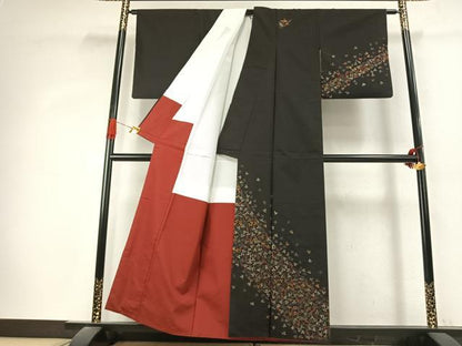 平和屋着物●本場縞大島紬　訪問着　総刺繍　萩文　黒地　金糸　正絹　逸品　AABK1216fy