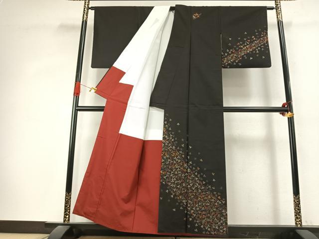 平和屋着物●本場縞大島紬　訪問着　総刺繍　萩文　黒地　金糸　正絹　逸品　AABK1216fy