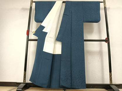 平和屋着物●上質な色無地　舞花地紋　鉄御納戸色　正絹　逸品　AABK1227fy