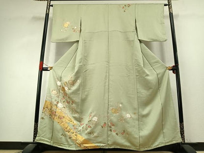 平和屋着物●訪問着　駒刺繍　枝花文　金銀彩　正絹　逸品　AABK1233fy