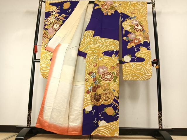 平和屋着物●豪華振袖　駒刺繍　片輪車花文　正絹　逸品　AABK1235fy