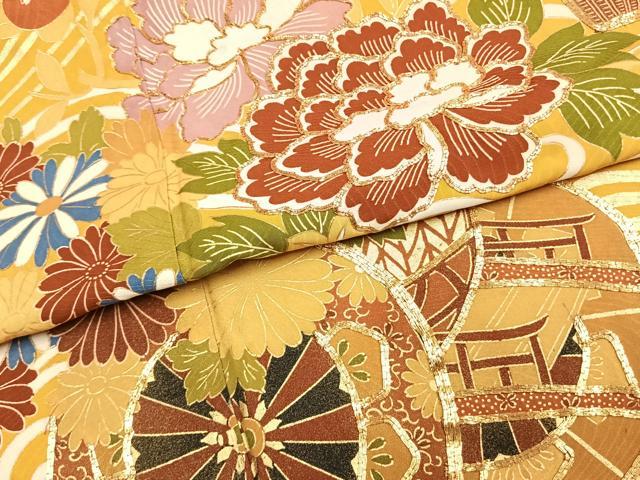 平和屋着物●豪華振袖　駒刺繍　片輪車花文　正絹　逸品　AABK1235fy