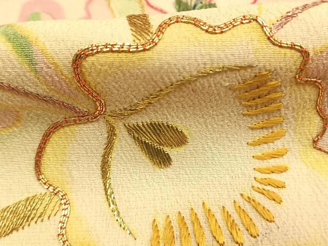 平和屋本店●アンティーク　大正ロマン　振袖　駒刺繍　草花文　金銀糸　金彩　正絹　逸品　AABK1242fy