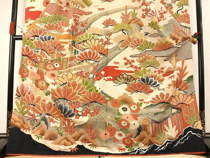 平和屋本店●アンティーク　大正ロマン　振袖　駒刺繍　松竹梅　暈し染め　金糸　金銀彩　正絹　逸品　AABK1243fy
