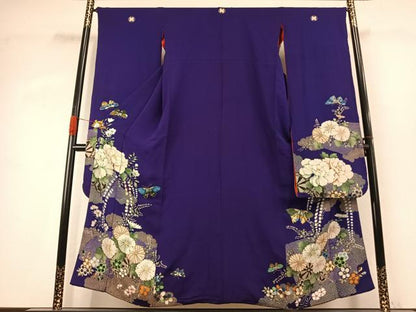 平和屋本店●アンティーク　大正ロマン　振袖　中国三大刺繍　相良刺繍　絞り　花蝶文　金彩　正絹　逸品　AABK1244fy