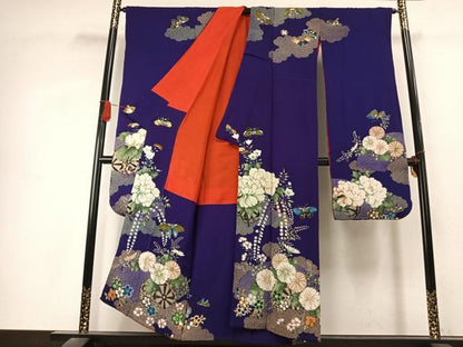 平和屋本店●アンティーク　大正ロマン　振袖　中国三大刺繍　相良刺繍　絞り　花蝶文　金彩　正絹　逸品　AABK1244fy