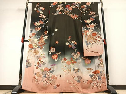 平和屋本店●アンティーク　大正ロマン　振袖　駒刺繍　草花文　暈し染め　金糸　金彩　正絹　逸品　AABK1245fy