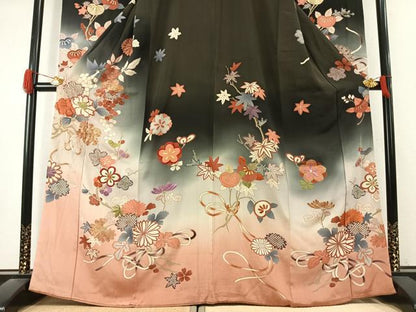 平和屋本店●アンティーク　大正ロマン　振袖　駒刺繍　草花文　暈し染め　金糸　金彩　正絹　逸品　AABK1245fy
