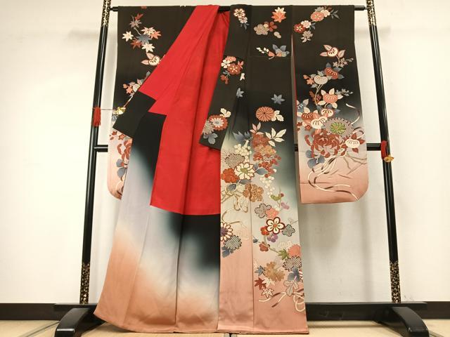 平和屋本店●アンティーク　大正ロマン　振袖　駒刺繍　草花文　暈し染め　金糸　金彩　正絹　逸品　AABK1245fy