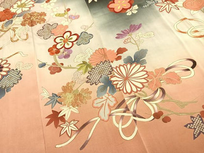 平和屋本店●アンティーク　大正ロマン　振袖　駒刺繍　草花文　暈し染め　金糸　金彩　正絹　逸品　AABK1245fy