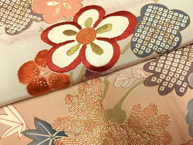 平和屋本店●アンティーク　大正ロマン　振袖　駒刺繍　草花文　暈し染め　金糸　金彩　正絹　逸品　AABK1245fy