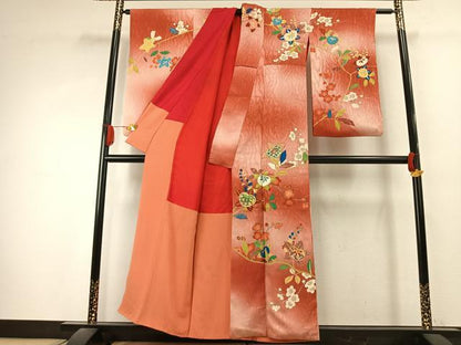 平和屋本店●アンティーク　大正ロマン　訪問着　枝花文　暈し染め　金糸　金彩　正絹　逸品　AABK1246fy