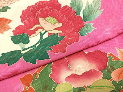 平和屋本店●アンティーク　大正ロマン　振袖　草花文　金彩　正絹　逸品　AABK1247fy