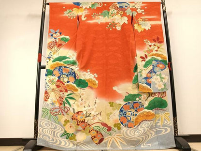 平和屋本店●アンティーク　大正ロマン　振袖　駒刺繍　松竹梅　暈し染め　金糸　正絹　逸品　AABK1248fy