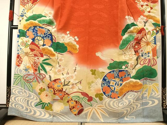 平和屋本店●アンティーク　大正ロマン　振袖　駒刺繍　松竹梅　暈し染め　金糸　正絹　逸品　AABK1248fy