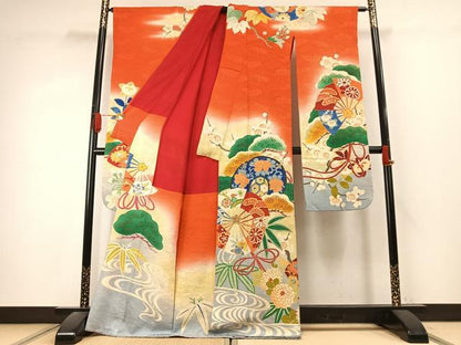 平和屋本店●アンティーク　大正ロマン　振袖　駒刺繍　松竹梅　暈し染め　金糸　正絹　逸品　AABK1248fy