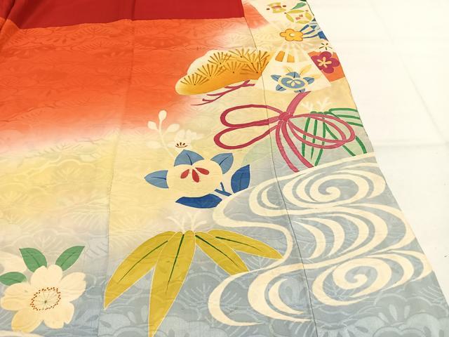 平和屋本店●アンティーク　大正ロマン　振袖　駒刺繍　松竹梅　暈し染め　金糸　正絹　逸品　AABK1248fy