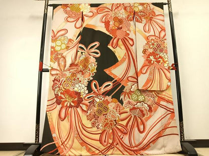 平和屋本店●アンティーク　大正ロマン　振袖　駒刺繍　草花文　金糸　金銀彩　正絹　逸品　AABK1249fy