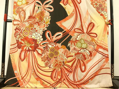 平和屋本店●アンティーク　大正ロマン　振袖　駒刺繍　草花文　金糸　金銀彩　正絹　逸品　AABK1249fy