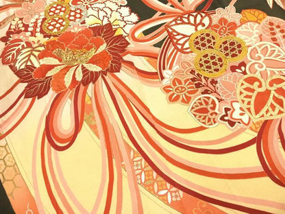 平和屋本店●アンティーク　大正ロマン　振袖　駒刺繍　草花文　金糸　金銀彩　正絹　逸品　AABK1249fy