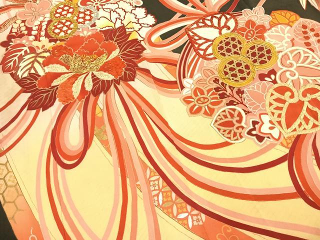 平和屋本店●アンティーク　大正ロマン　振袖　駒刺繍　草花文　金糸　金銀彩　正絹　逸品　AABK1249fy