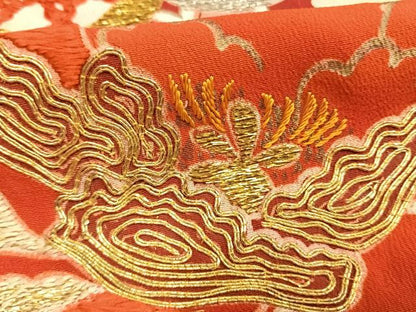 平和屋本店●アンティーク　大正ロマン　振袖　駒刺繍　草花文　金糸　金銀彩　正絹　逸品　AABK1249fy