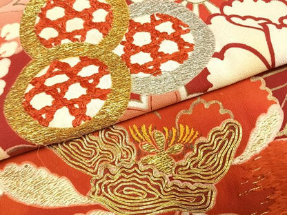 平和屋本店●アンティーク　大正ロマン　振袖　駒刺繍　草花文　金糸　金銀彩　正絹　逸品　AABK1249fy