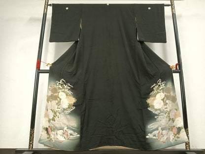 平和屋着物●アンティーク　大正ロマン　黒留袖　刺繍　花鳥文　暈し染め　正絹　逸品　AABK1267fy