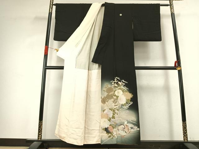 平和屋着物●アンティーク　大正ロマン　黒留袖　刺繍　花鳥文　暈し染め　正絹　逸品　AABK1267fy