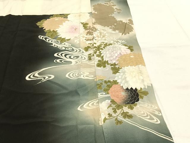 平和屋着物●アンティーク　大正ロマン　黒留袖　刺繍　花鳥文　暈し染め　正絹　逸品　AABK1267fy