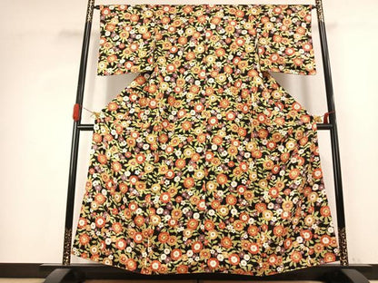 平和屋着物●上質な小紋　草花文　黒地　正絹　逸品　未使用　AABK1270fy