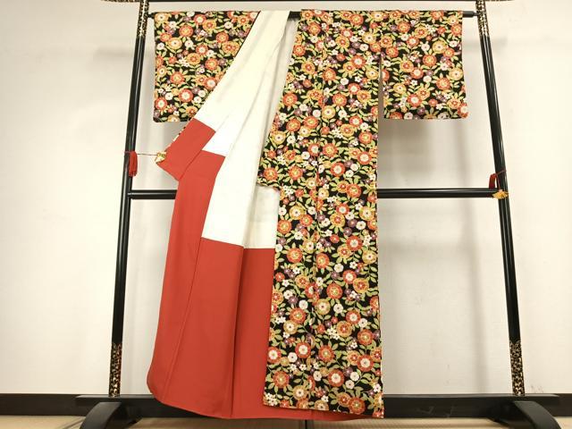 平和屋着物●上質な小紋　草花文　黒地　正絹　逸品　未使用　AABK1270fy