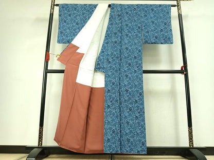 平和屋着物●上質な小紋　藍　型染め　玩具花文　正絹　逸品　AABK1284fy