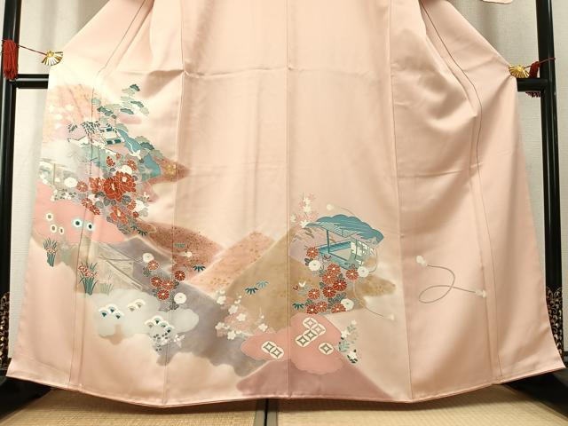 平和屋着物●訪問着　刺繍　花鳥文　暈し染め　金彩　正絹　逸品　未使用　AABK1286fy