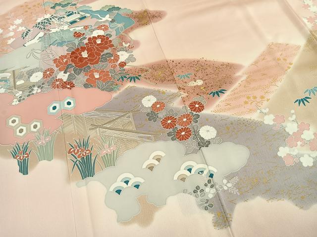 平和屋着物●訪問着　刺繍　花鳥文　暈し染め　金彩　正絹　逸品　未使用　AABK1286fy