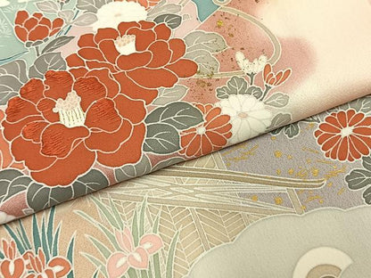平和屋着物●訪問着　刺繍　花鳥文　暈し染め　金彩　正絹　逸品　未使用　AABK1286fy
