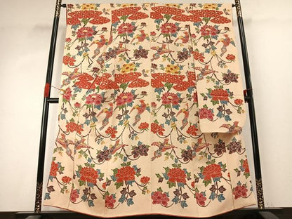 平和屋着物●豪華振袖　型染め　花鳥文　鬼しぼ縮緬　正絹　逸品　AABK1287fy