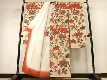 平和屋着物●豪華振袖　型染め　花鳥文　鬼しぼ縮緬　正絹　逸品　AABK1287fy