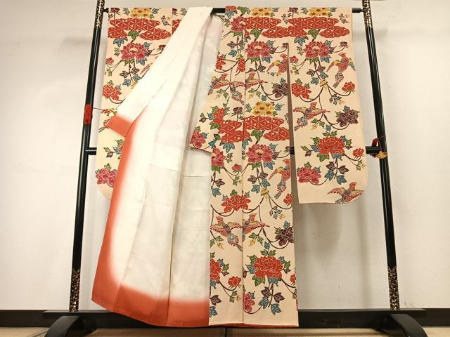 平和屋着物●豪華振袖　型染め　花鳥文　鬼しぼ縮緬　正絹　逸品　AABK1287fy