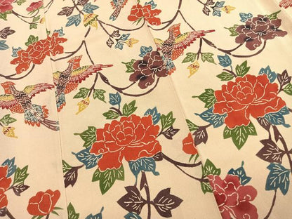 平和屋着物●豪華振袖　型染め　花鳥文　鬼しぼ縮緬　正絹　逸品　AABK1287fy
