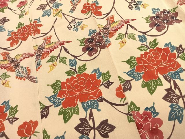 平和屋着物●豪華振袖　型染め　花鳥文　鬼しぼ縮緬　正絹　逸品　AABK1287fy